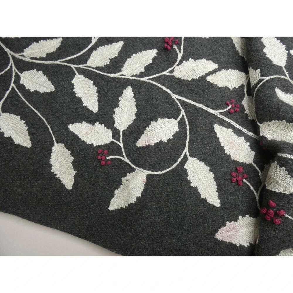 Nicole Miller Home Wool Blend Table Runner Grey Leaf Berry Embroidered 69